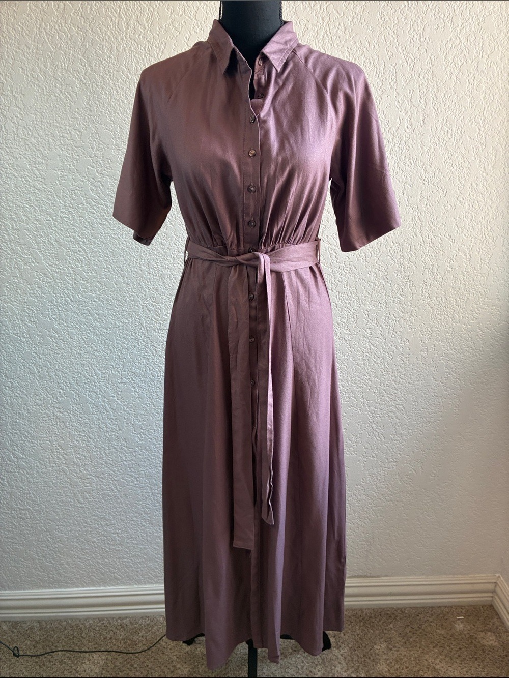 Fig Clothing Zak Maxi Shirt Dress Cognac Purple Plum Short Sleeves Travel Wear M - Picture 3 of 9